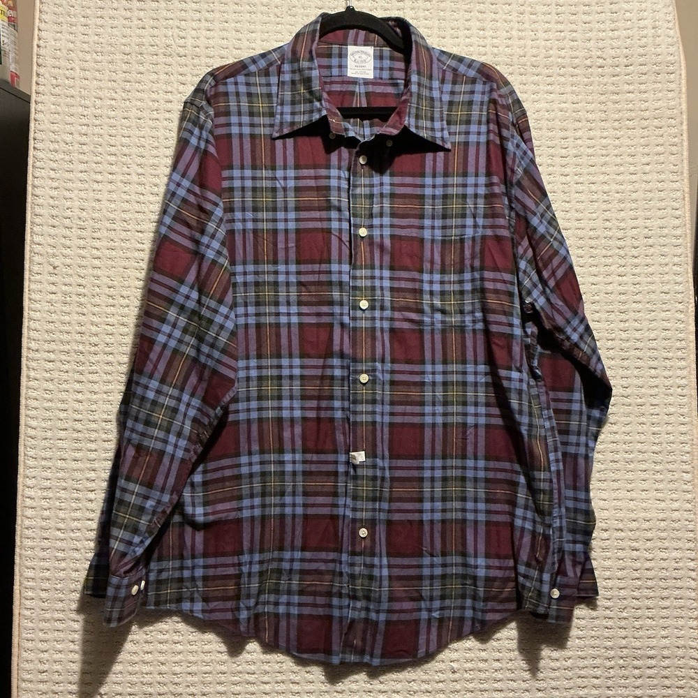 Brooks Brothers Mens Regent Original Polo Shirt Long Sleeve Xl Blue Plum Plaid